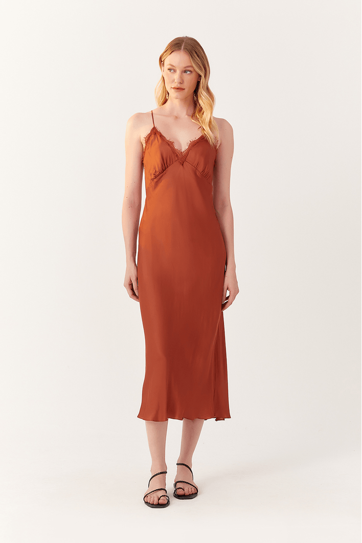 Vestido Cetim Decote Com Renda