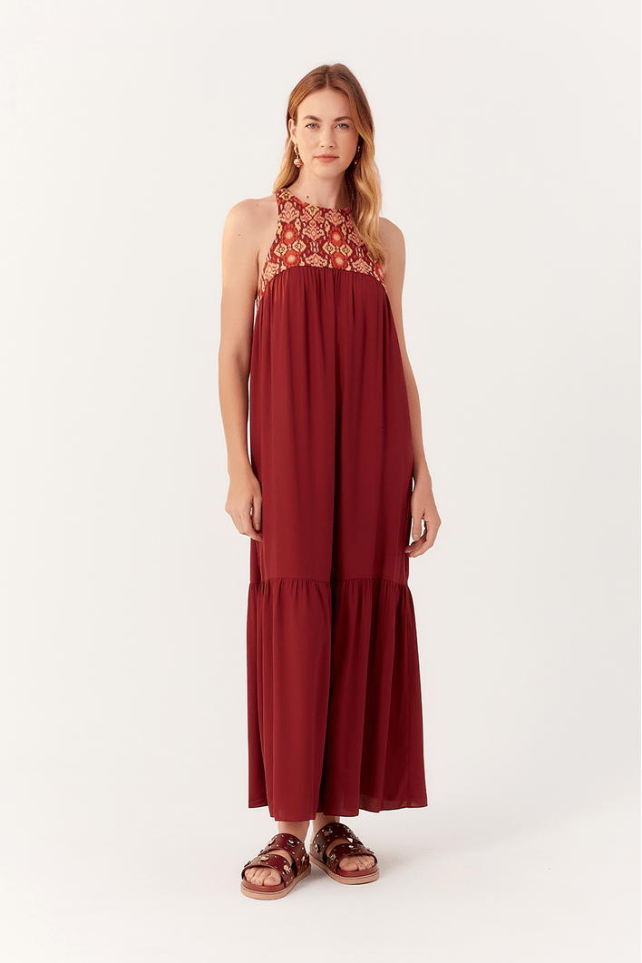 Vestido Crepe Cropped Decote Ikat