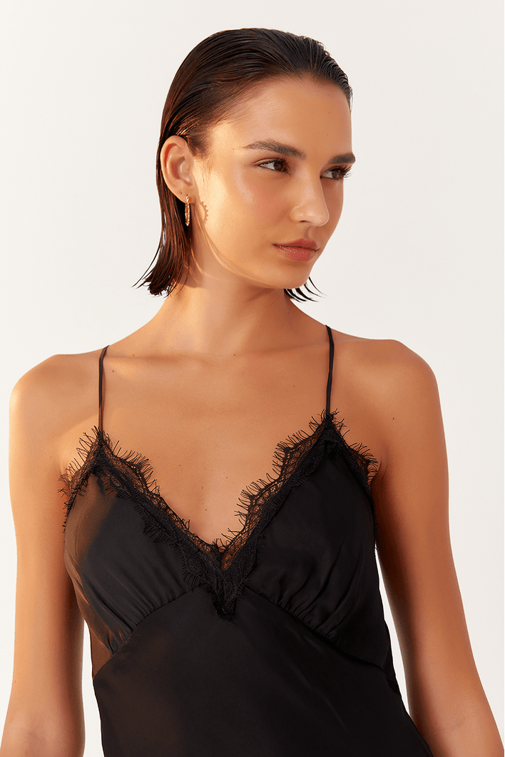 Vestido Cetim Decote Com Renda