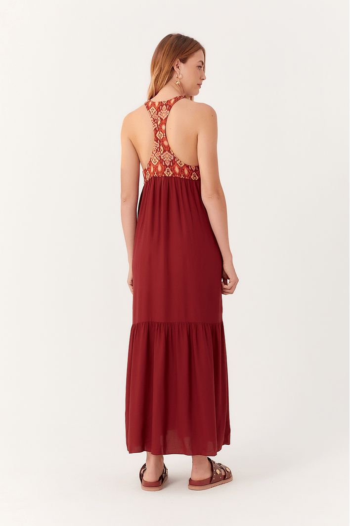 Vestido Crepe Cropped Decote Ikat