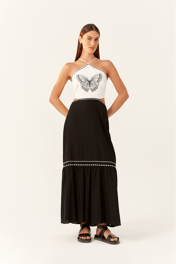 Vestido Cropped Linho Bordado Borboleta