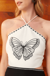 Vestido Cropped Linho Bordado Borboleta
