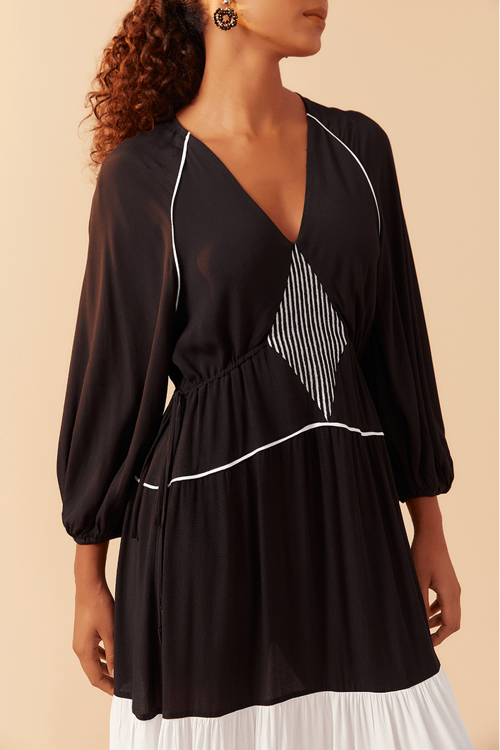 Vestido Crepe Cropped Recorte Listras