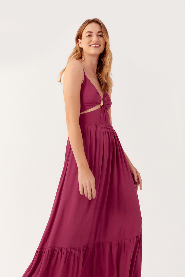 Vestido Longo Crepe Det. Metal Decote