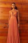 Vestido Longo Crepe Det. Metal Decote