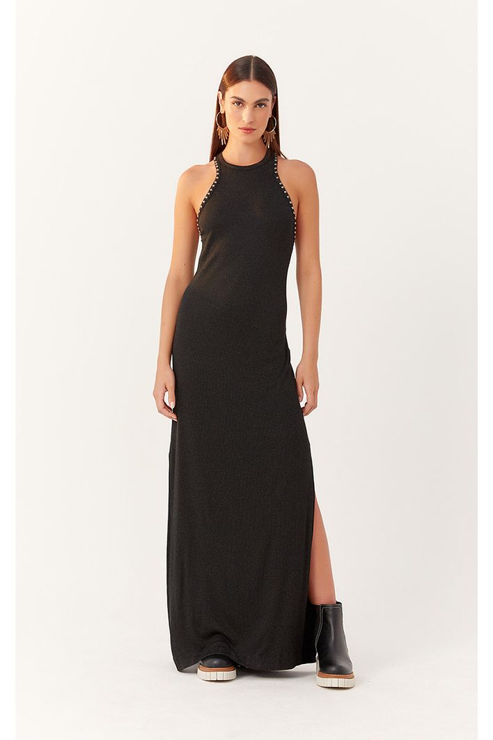 Vestido Canelado Com Pedras