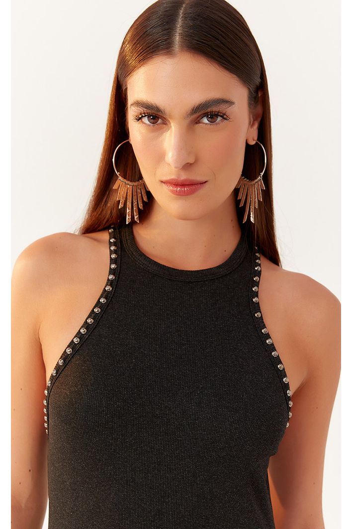 Vestido Canelado Com Pedras