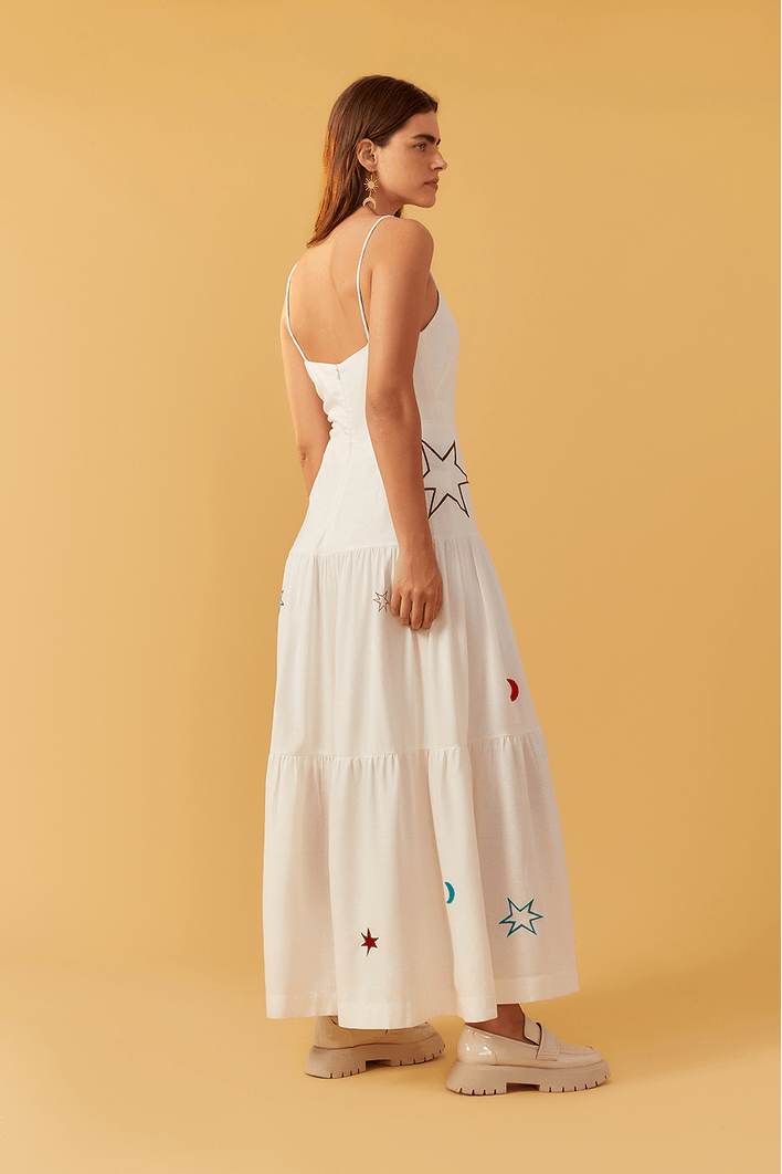 Vestido Linho Bordado Estrelas