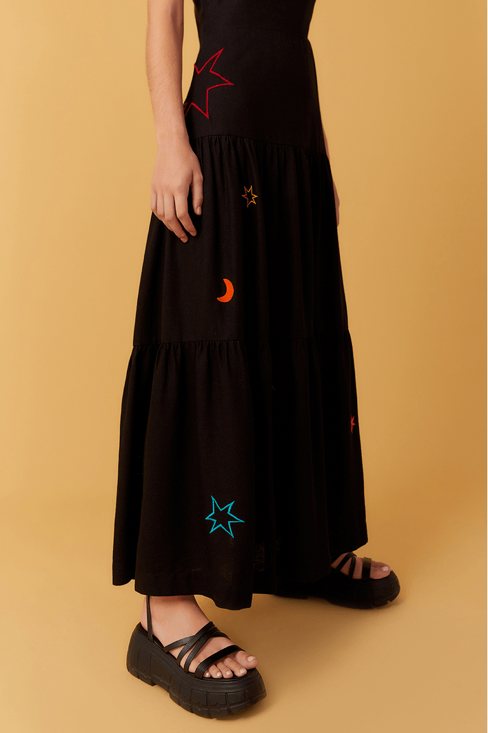 Vestido Linho Bordado Estrelas