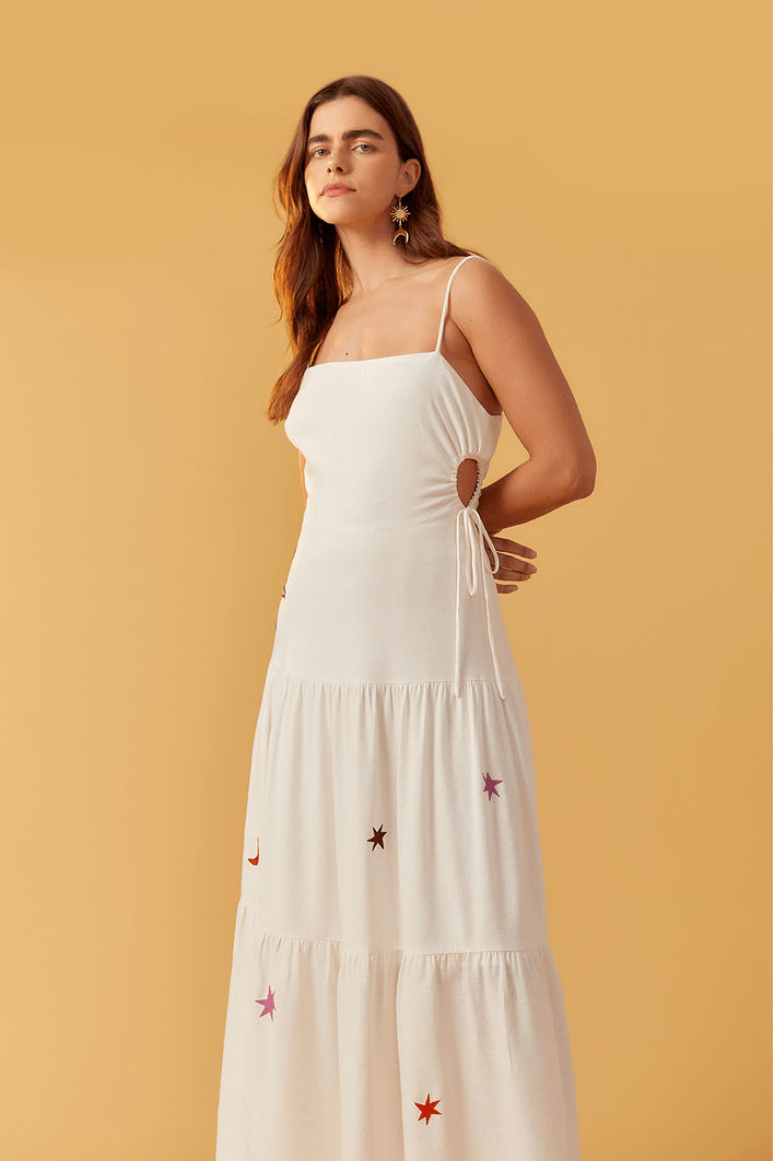 Vestido Linho Bordado Estrelas