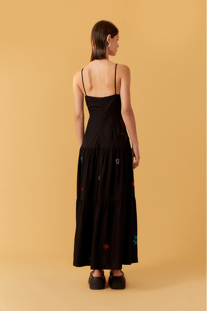 Vestido Linho Bordado Estrelas