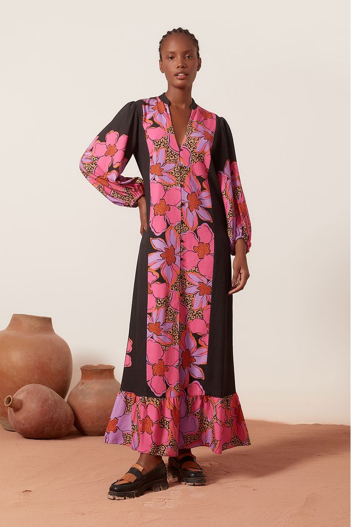 Vestido Longo Estampa Jardim Selvagem