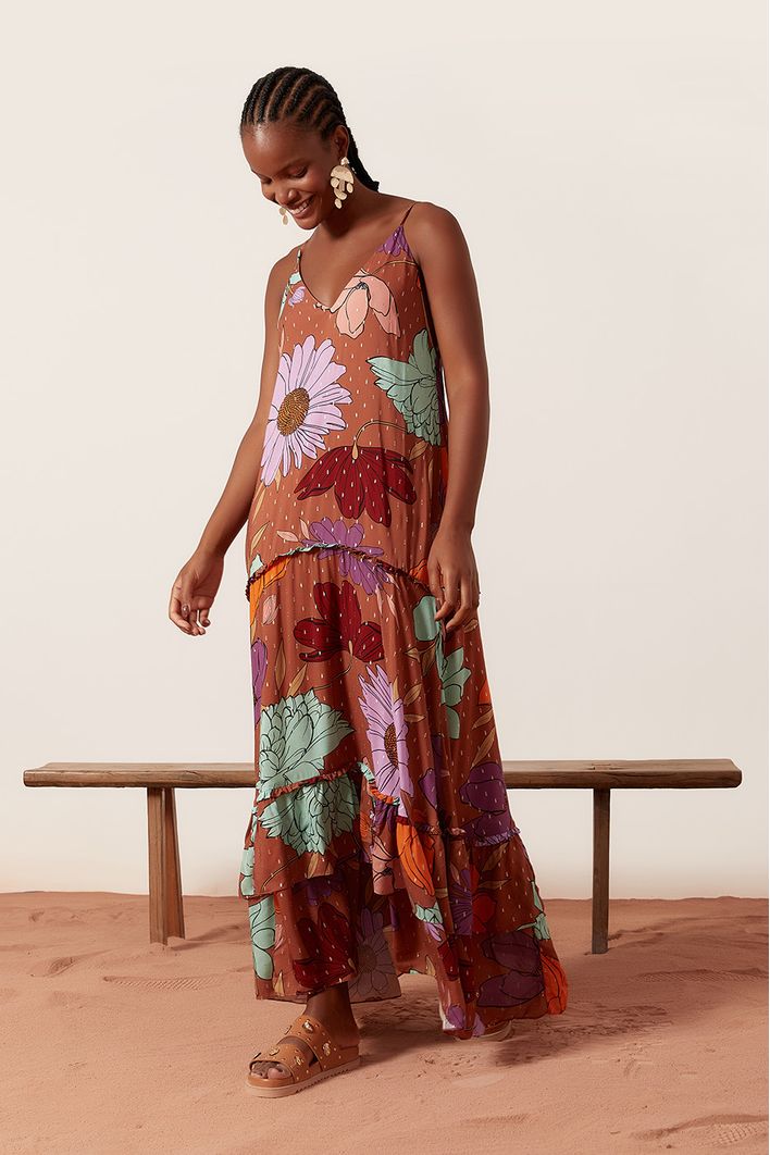 Vestido Longo Estampa Jardim Secreto