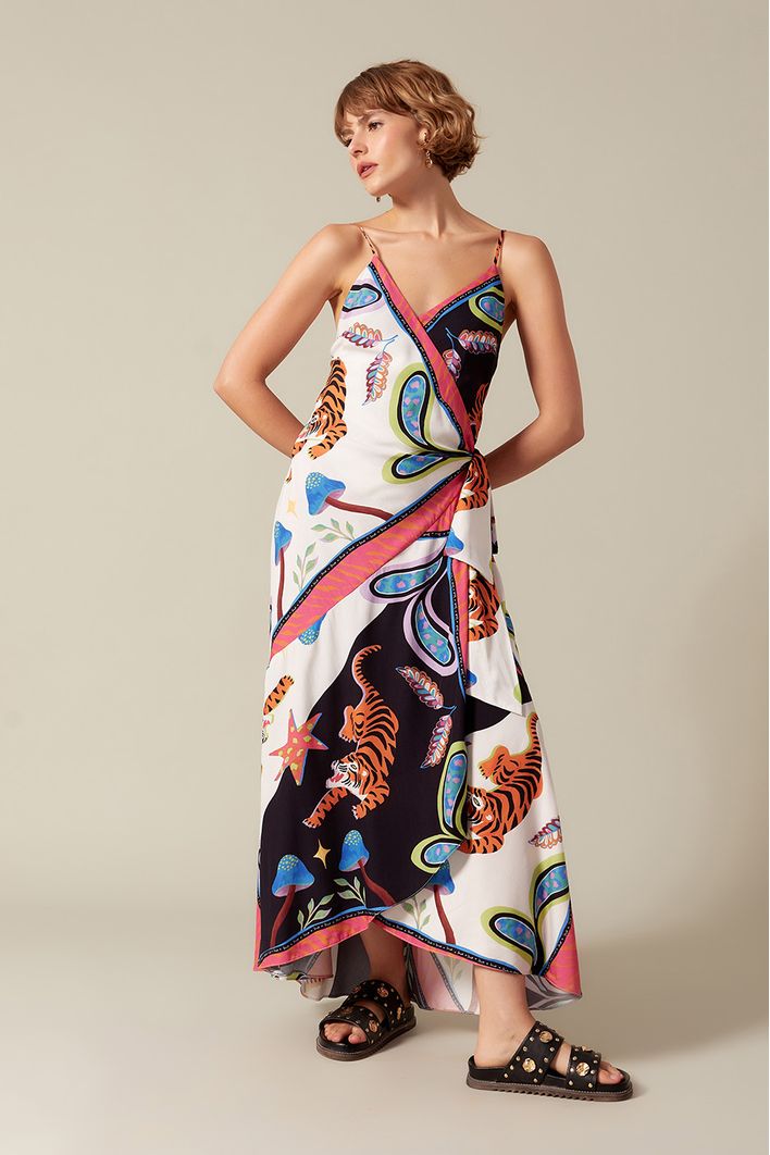 Vestido Transpassado Estampa Lenço Tigre