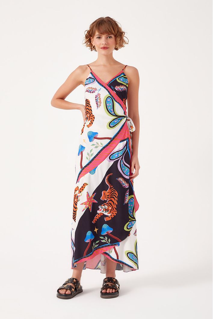 Vestido Transpassado Estampa Lenço Tigre