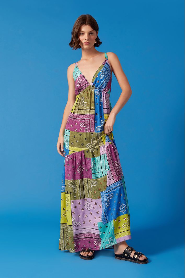Vestido Longo Estampa Patch Bandana