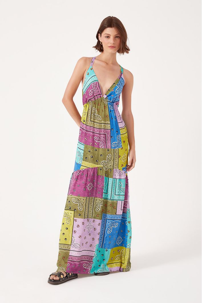 Vestido Longo Estampa Patch Bandana