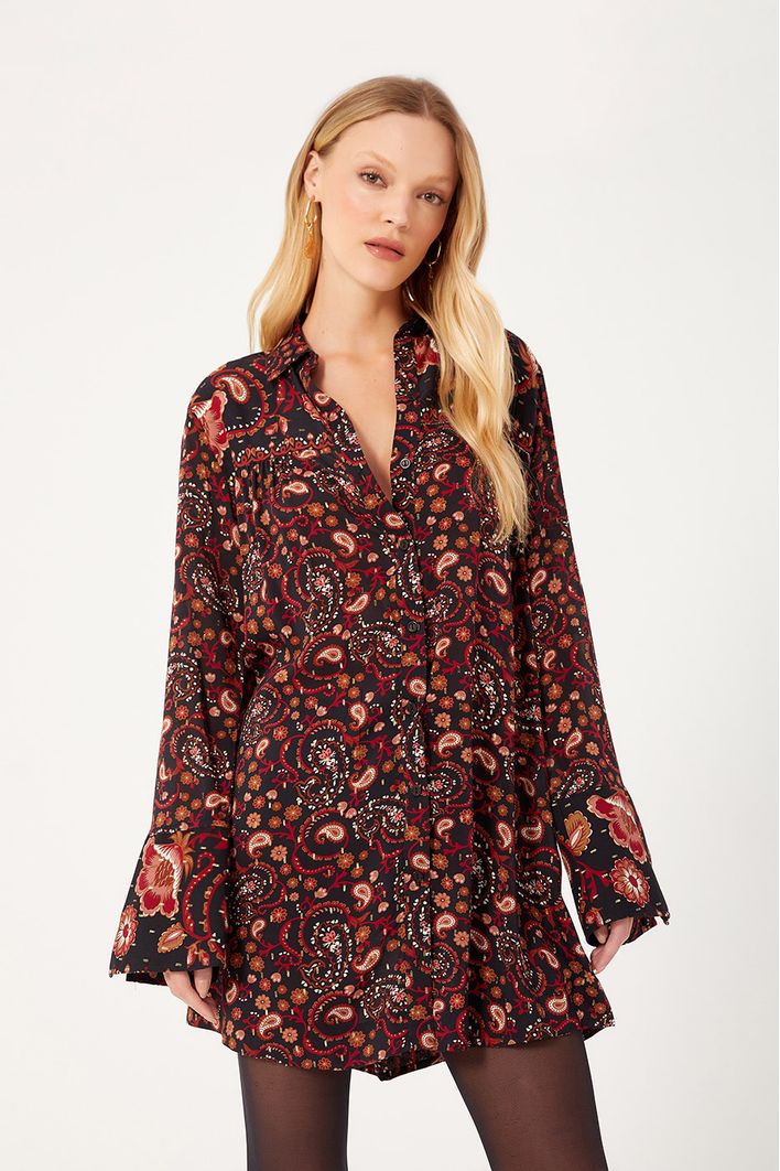 Vestido Camisa Lurex Estampa Balai