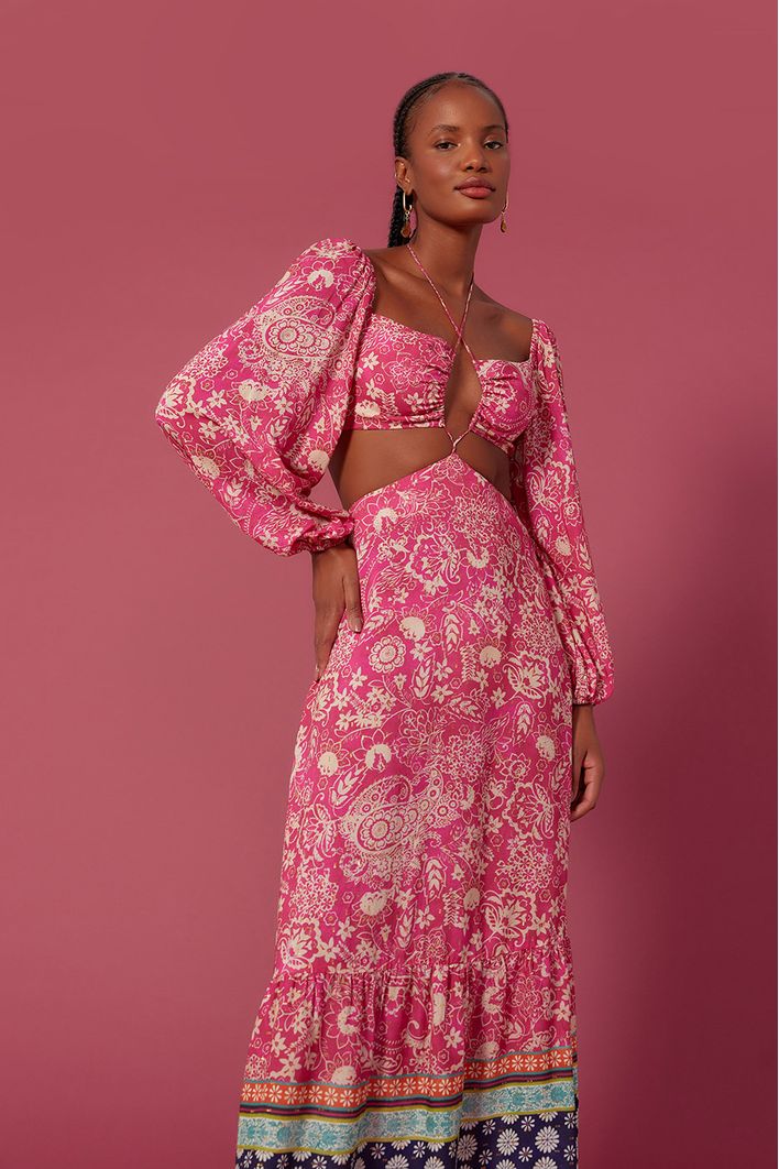 Vestido Longo Lurex Estampa Maya