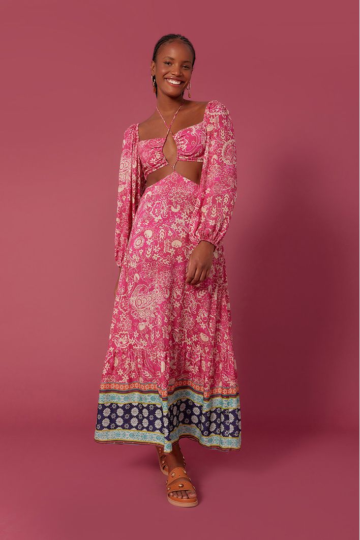 Vestido Longo Lurex Estampa Maya