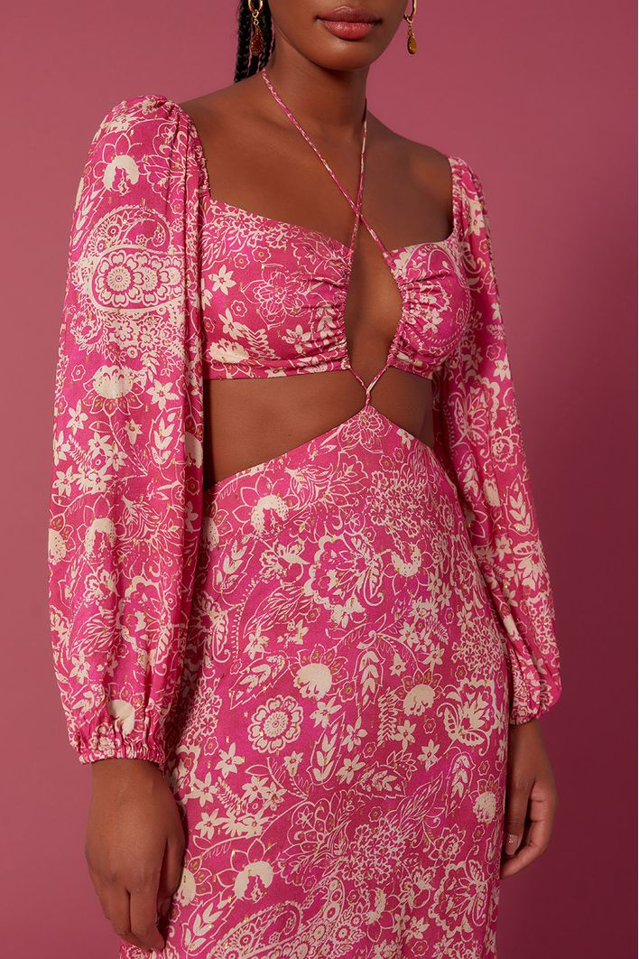 Vestido Longo Lurex Estampa Maya