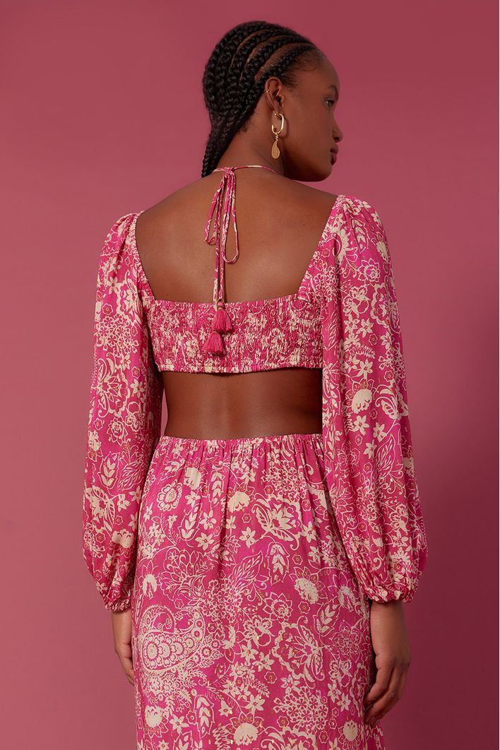 Vestido Longo Lurex Estampa Maya