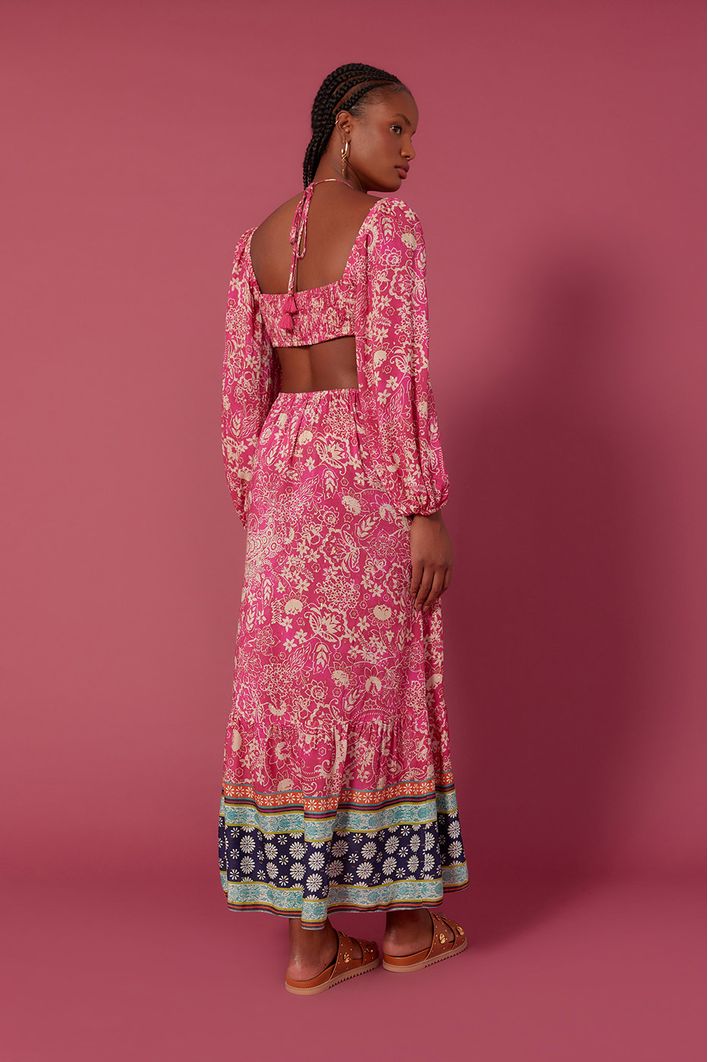 Vestido Longo Lurex Estampa Maya
