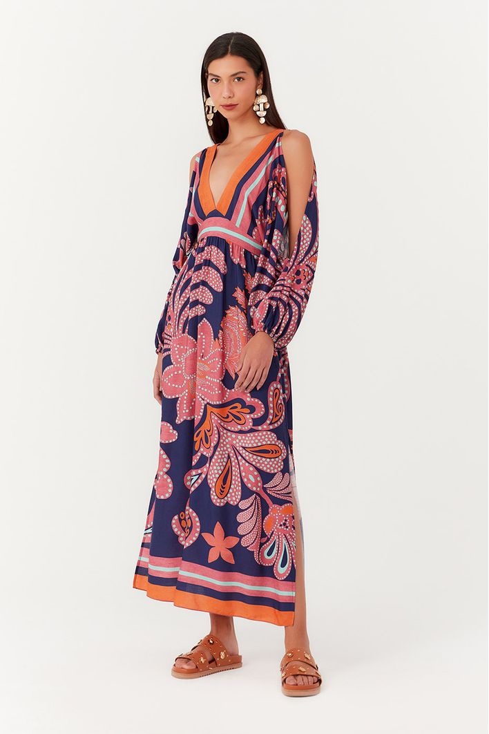 Vestido Longo Recortes Estampa Barne