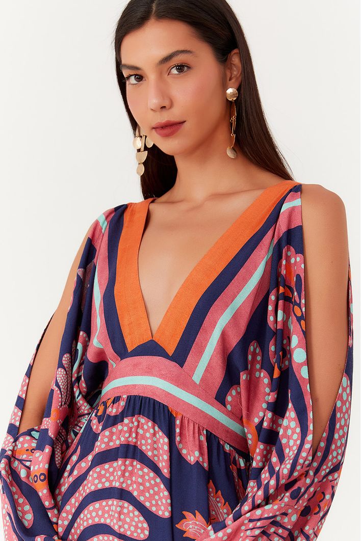 Vestido Longo Recortes Estampa Barne