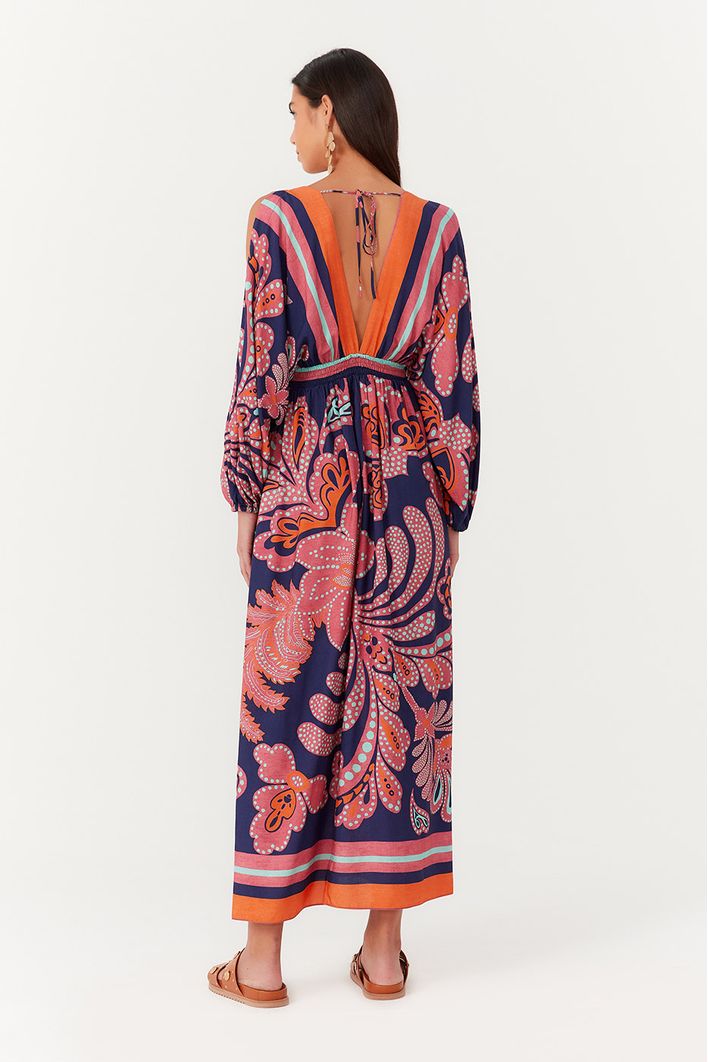 Vestido Longo Recortes Estampa Barne