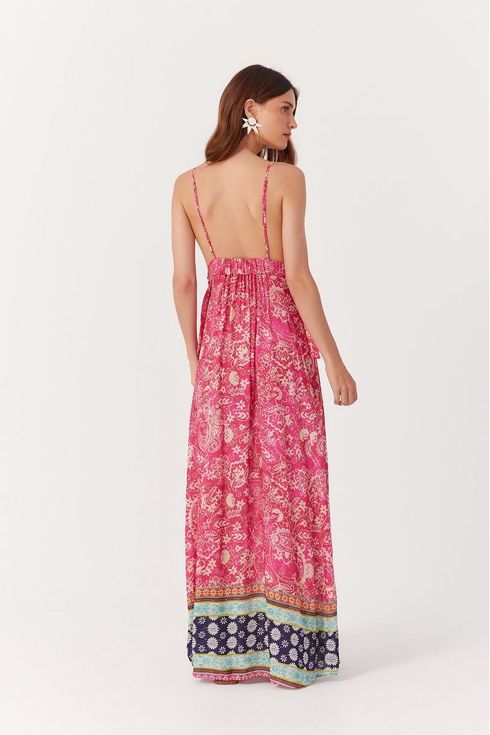 Vestido Longo Laço Lurex Estampa Maya