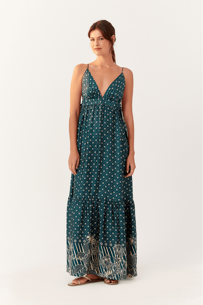 Vestido Longo Cetim Nó Estampa Batik