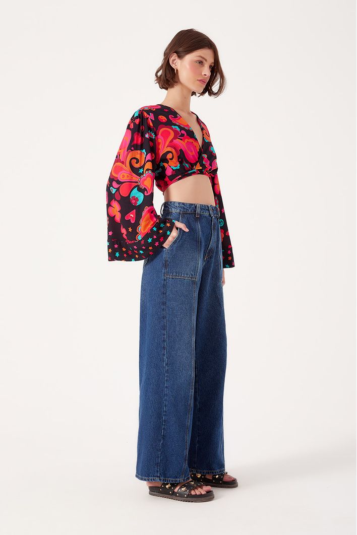 Blusa Manga Ampla Estampa Happy