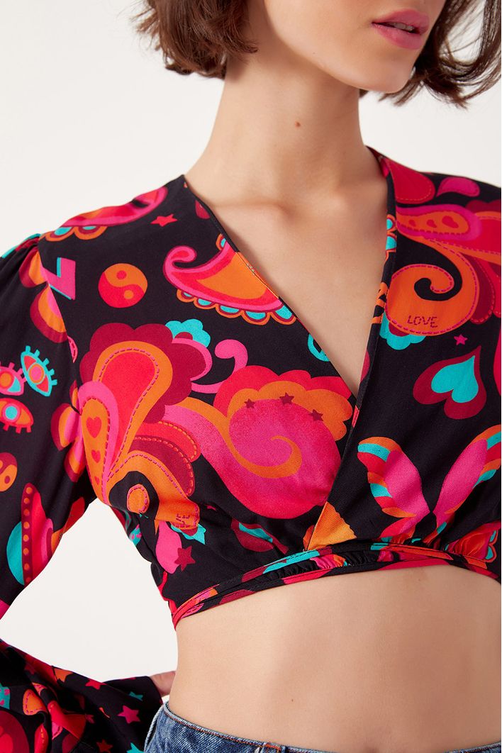 Blusa Manga Ampla Estampa Happy