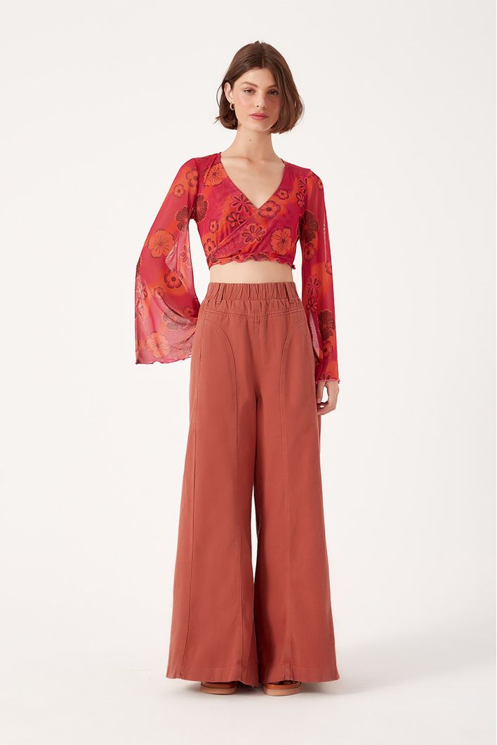 Blusa Transpassada Tule Estampa Retrô