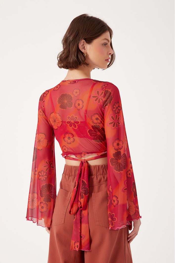 Blusa Transpassada Tule Estampa Retrô