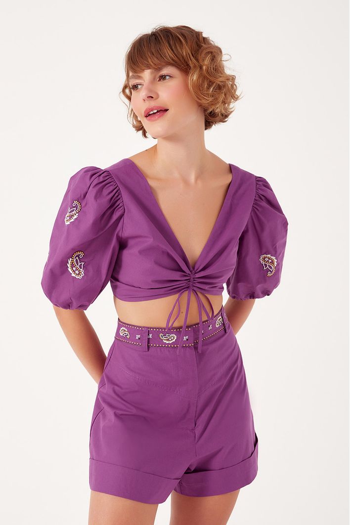 Blusa Franzido Bordado Bandana