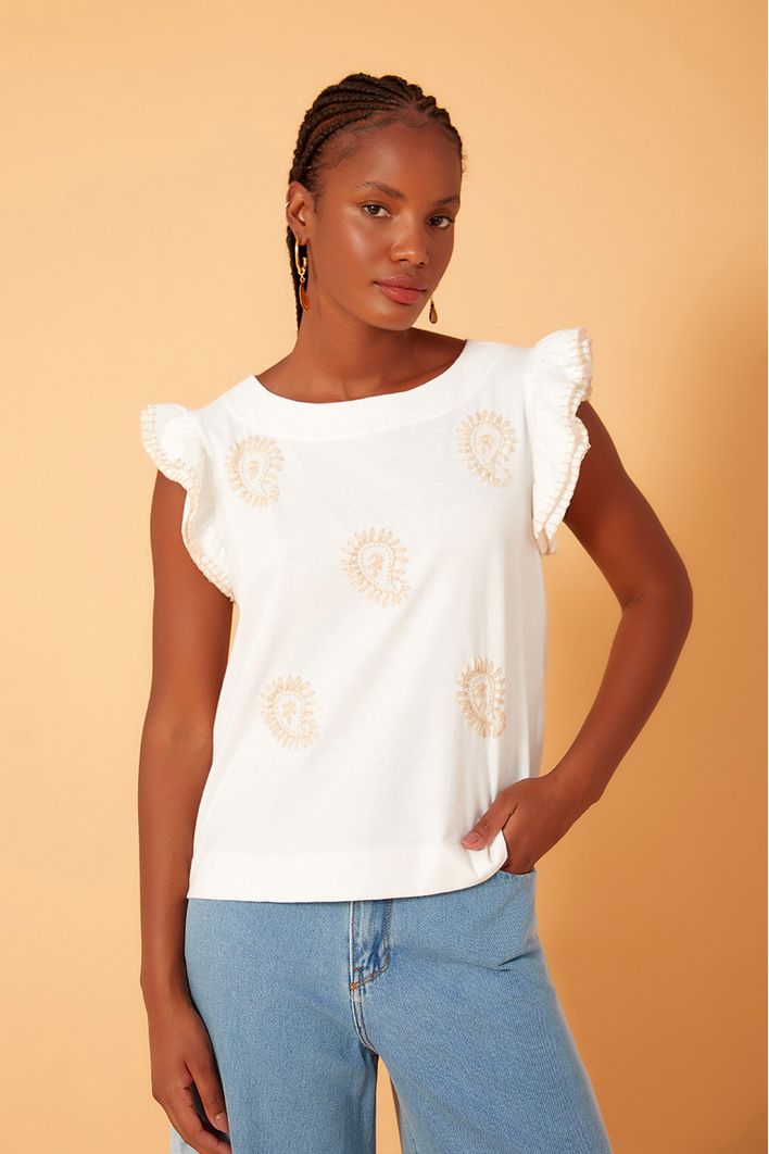 Blusa Bordada Manga Babado