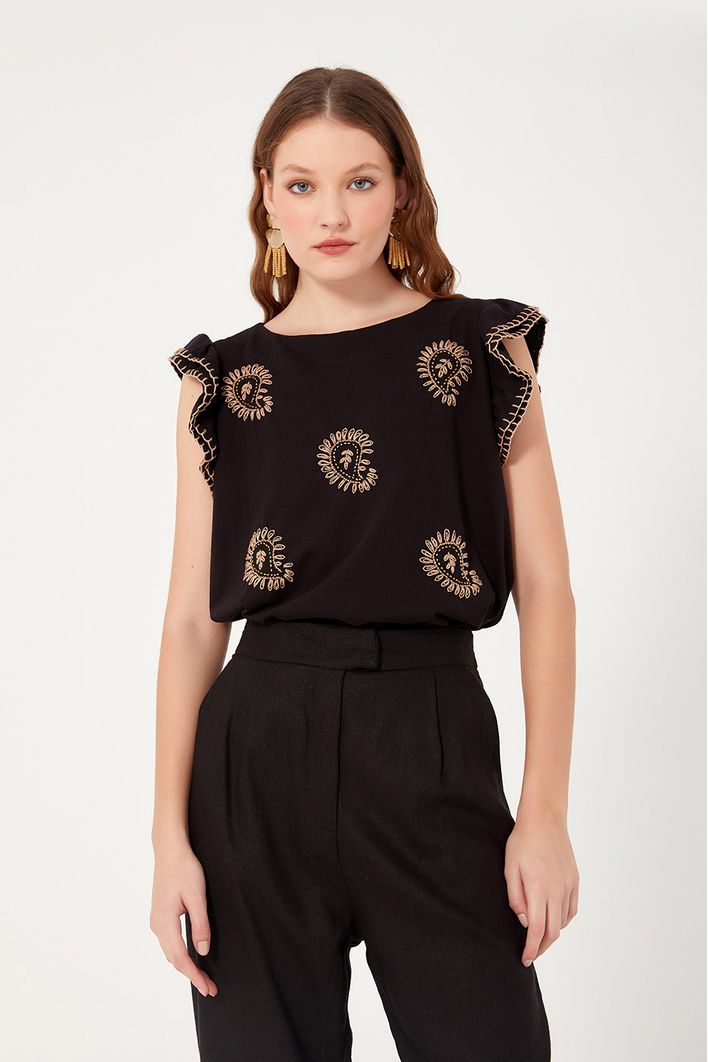Blusa Bordada Manga Babado