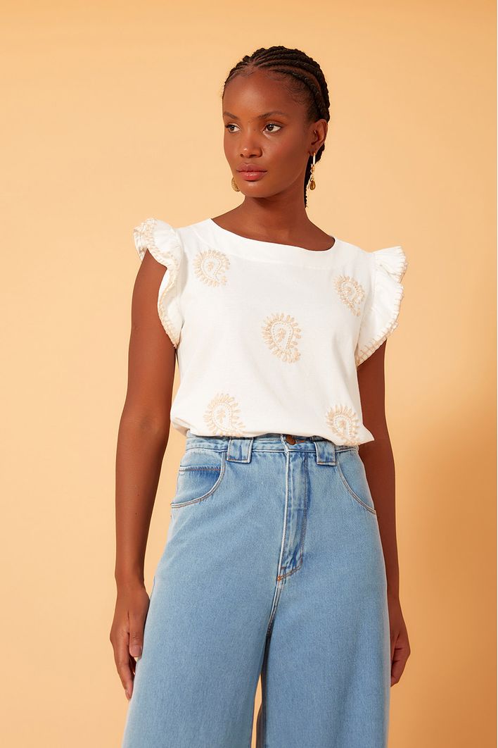 Blusa Bordada Manga Babado