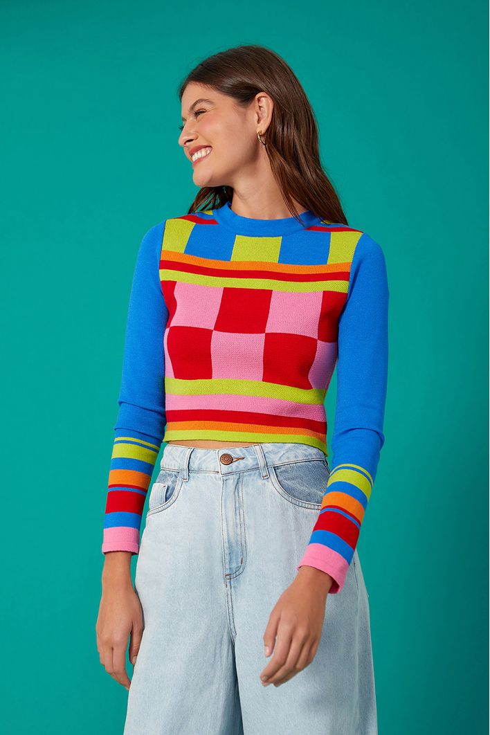 Blusa Tricot Jacquard Colorblock