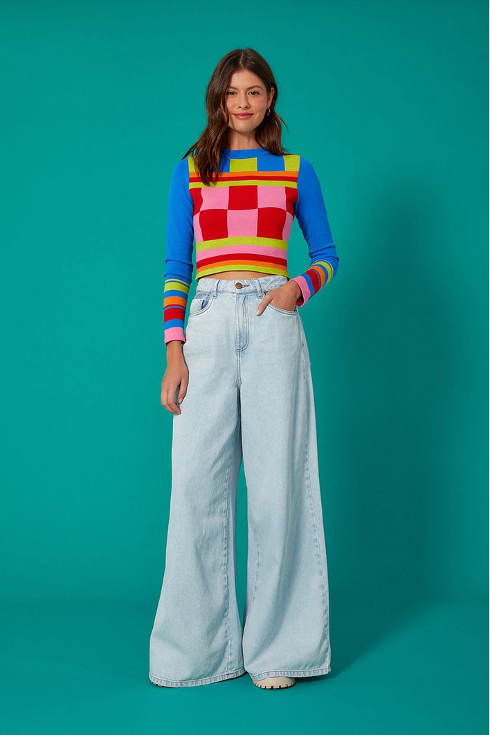 Blusa Tricot Jacquard Colorblock