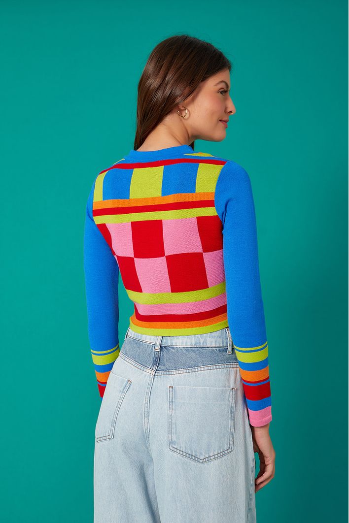 Blusa Tricot Jacquard Colorblock