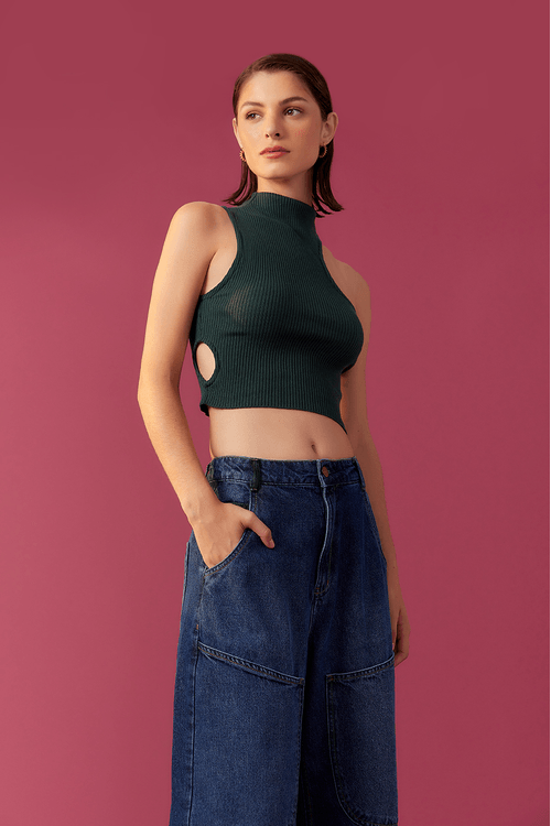 Blusa Cropped Tricot Ombro Vazado
