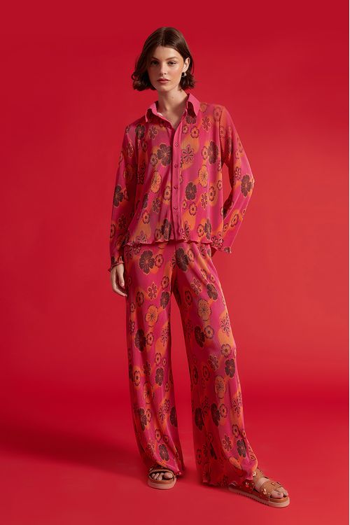 Calça Pantalona Plissada Estampa Retrô