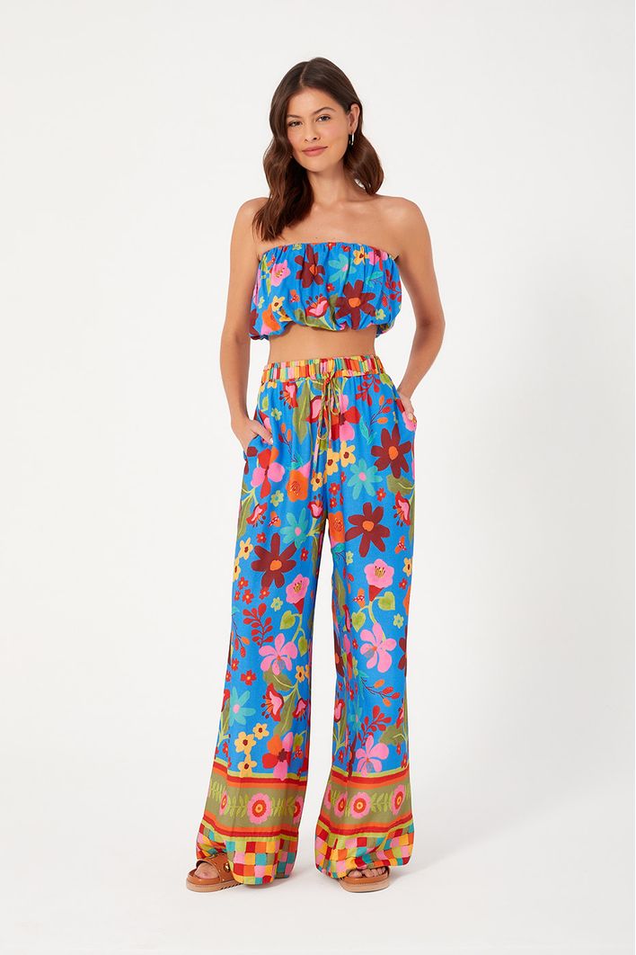 Calça Pantalona Estampa Jardineira