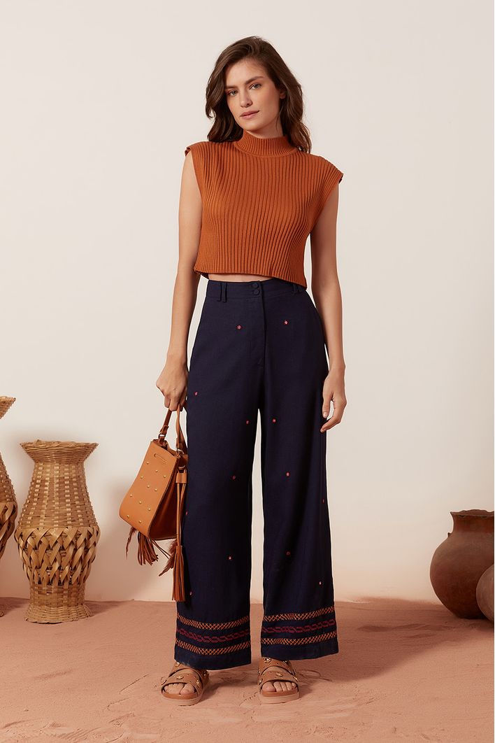 Calça Linho Bordada