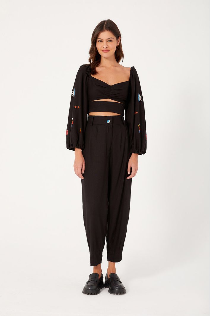 Calça Cenoura Linho Bordada Mystic