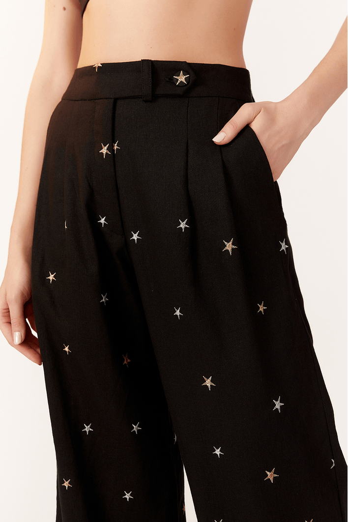 Calça Linho Bordado Estrela Lurex