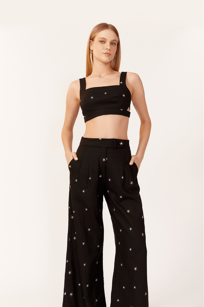 Calça Linho Bordado Estrela Lurex